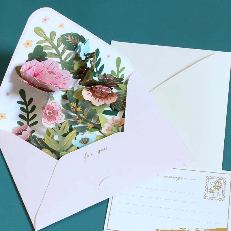 New Romantic Flower Birthday Christmas Card 3D Pop-Up Greeting Cards Set Postcard Party Wedding Decor Creative Gifts Cards