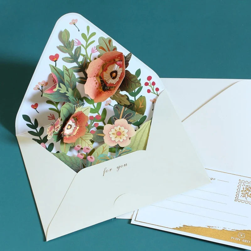 New Romantic Flower Birthday Christmas Card 3D Pop-Up Greeting Cards Set Postcard Party Wedding Decor Creative Gifts Cards