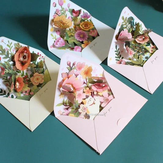 New Romantic Flower Birthday Christmas Card 3D Pop-Up Greeting Cards Set Postcard Party Wedding Decor Creative Gifts Cards
