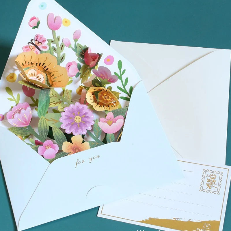 New Romantic Flower Birthday Christmas Card 3D Pop-Up Greeting Cards Set Postcard Party Wedding Decor Creative Gifts Cards