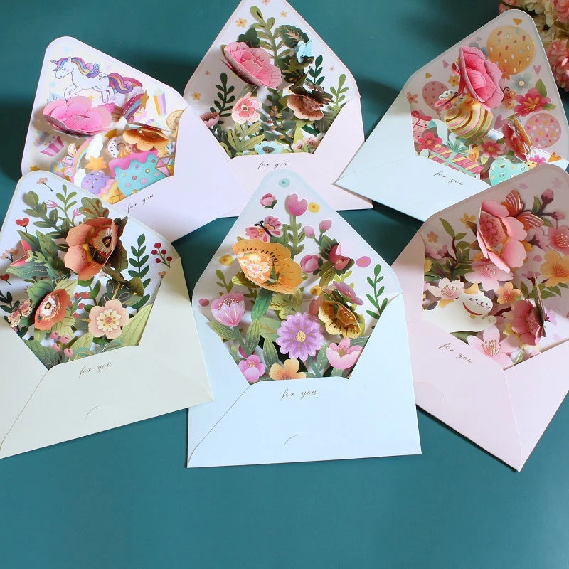 New Romantic Flower Birthday Christmas Card 3D Pop-Up Greeting Cards Set Postcard Party Wedding Decor Creative Gifts Cards