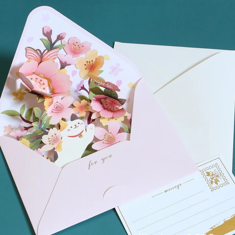 New Romantic Flower Birthday Christmas Card 3D Pop-Up Greeting Cards Set Postcard Party Wedding Decor Creative Gifts Cards
